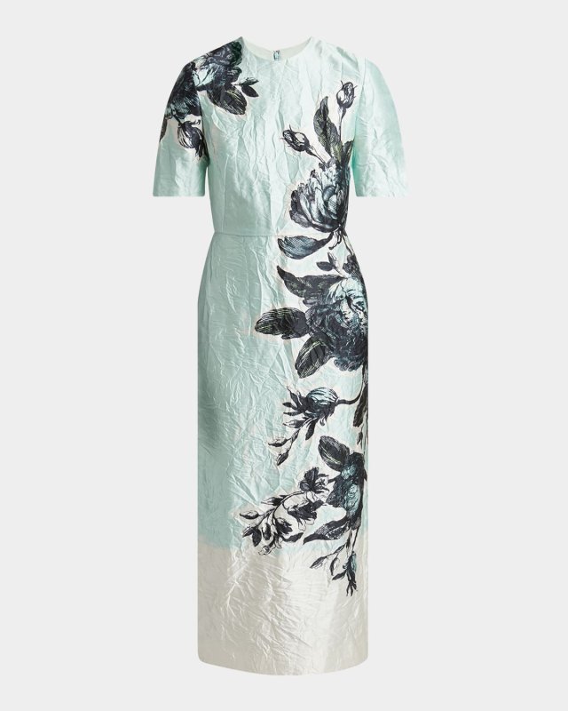 Floral Crinkle-Effect Short Sleeve Midi Dress